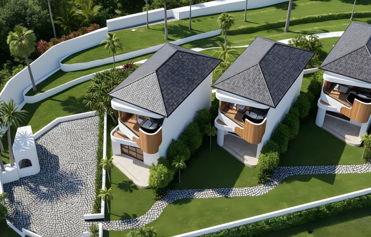 Vue aérienne des 3 villas